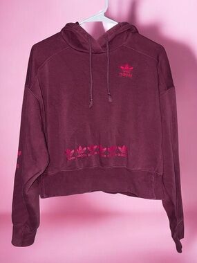 Adidas Women’s Maroon Cropped Hoodie with Pink Logo Size Small